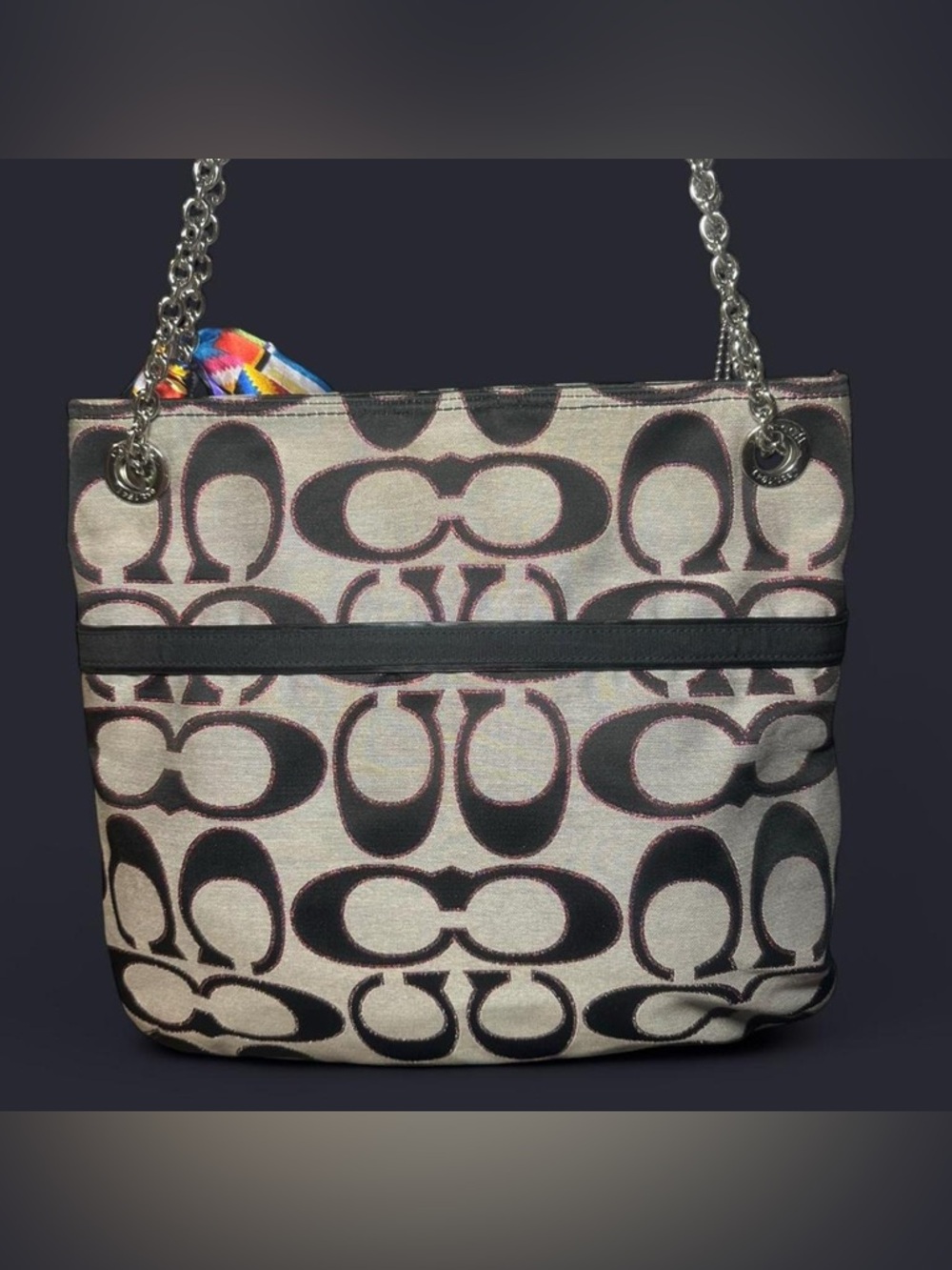 Coach Poppy Signature Canvas Shoulder Bag in Black/Pink Metallic - Picture 2 of 7